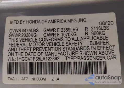 2020 Honda Accord Sport из США, поврежденный, VIN 1HGCV1F35LA122892